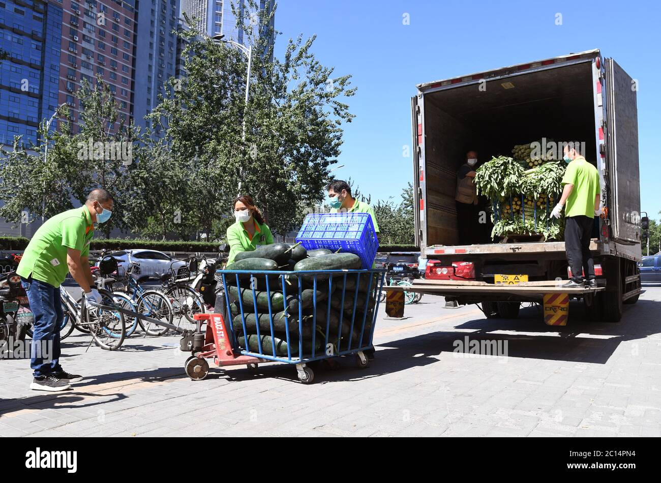 Pékin, Chine. 14 juin 2020. Les membres du personnel déchargent les légumes à l'extérieur d'une succursale de supermarché Chaoshifa dans le district de Haidian, à Beijing, capitale de la Chine, le 14 juin 2020. Chaoshifa, une chaîne de supermarchés, a réussi à assurer un approvisionnement direct et adéquat en légumes et fruits des bases de production autour de Beijing, suite à la suspension temporaire du marché de gros de Xinfadi samedi dans la capitale. Crédit: REN Chao/Xinhua/Alay Live News Banque D'Images Pékin, Chine. 14 juin 2020. Les membres du personnel déchargent les légumes à l'extérieur d'une succursale de supermarché Chaoshifa dans le district de Haidian, à Beijing, capitale de la Chine, le 14 juin 2020. Chaoshifa, une chaîne de supermarchés, a réussi à assurer un approvisionnement direct et adéquat en légumes et fruits des bases de production autour de Beijing, suite à la suspension temporaire du marché de gros de Xinfadi samedi dans la capitale. Crédit: REN Chao/Xinhua/Alay Live News Banque D'Images