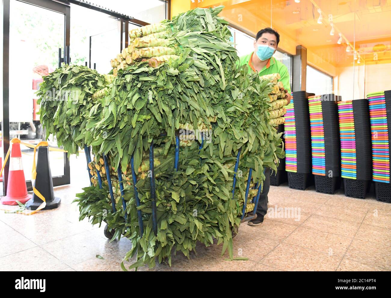 Pékin, Chine. 14 juin 2020. Un membre du personnel est vu avec un chargement de légumes dans une succursale de supermarché Chaoshifa dans le district de Haidian de Beijing, capitale de la Chine, le 14 juin 2020. Chaoshifa, une chaîne de supermarchés, a réussi à assurer un approvisionnement direct et adéquat en légumes et fruits des bases de production autour de Beijing, suite à la suspension temporaire du marché de gros de Xinfadi samedi dans la capitale. Crédit: REN Chao/Xinhua/Alay Live News Banque D'Images Pékin, Chine. 14 juin 2020. Un membre du personnel est vu avec un chargement de légumes dans une succursale de supermarché Chaoshifa dans le district de Haidian de Beijing, capitale de la Chine, le 14 juin 2020. Chaoshifa, une chaîne de supermarchés, a réussi à assurer un approvisionnement direct et adéquat en légumes et fruits des bases de production autour de Beijing, suite à la suspension temporaire du marché de gros de Xinfadi samedi dans la capitale. Crédit: REN Chao/Xinhua/Alay Live News Banque D'Images