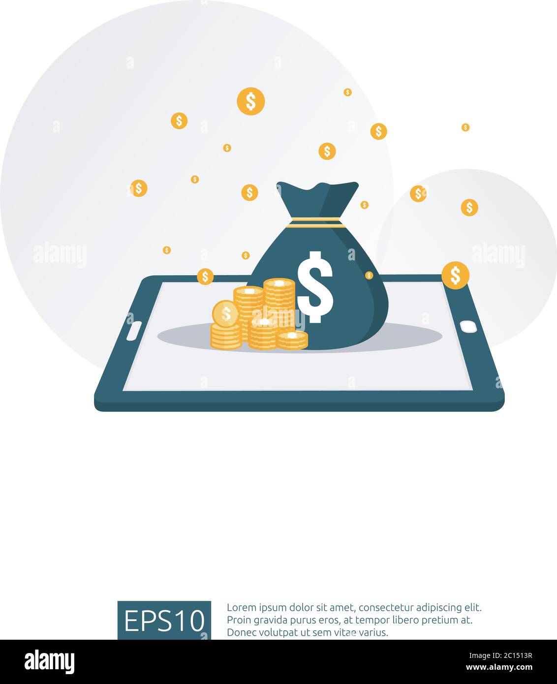 Pile de dollars et sac d'argent sur smartphone. Concept pour l'investissement d'entreprise, portefeuille mobile numérique, banque sur Internet, faire des profits en ligne, sans fil Illustration de Vecteur