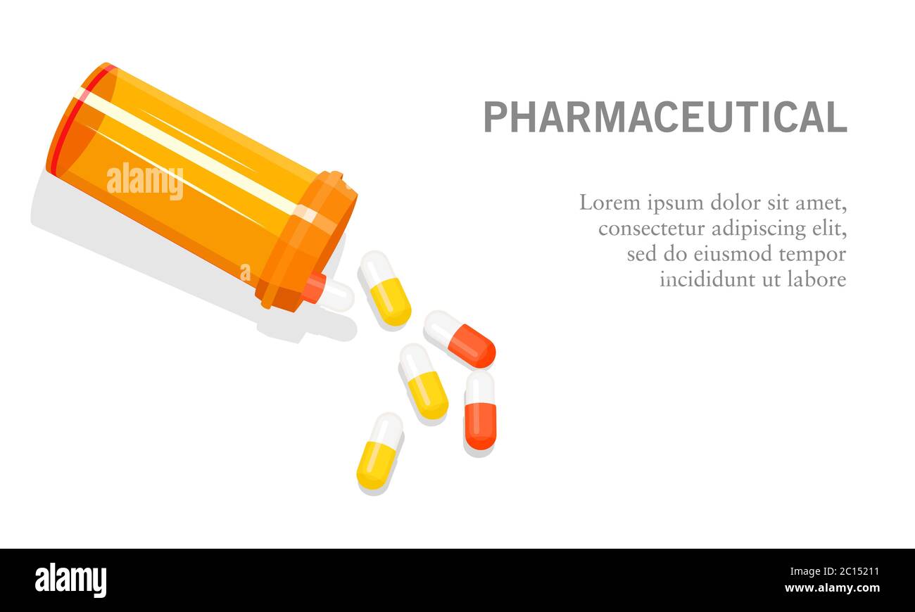 Illustration vectorielle d'une bouteille orange de médicament ouverte avec des pilules, des capsules, et des comprimés. Convient pour l'illustration des activités pharmaceutiques Illustration de Vecteur