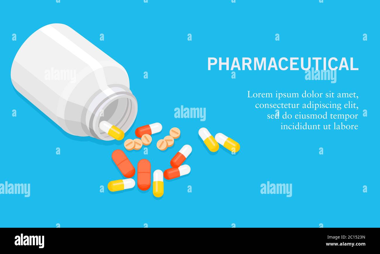 Illustration vectorielle d'une bouteille de médicament ouverte avec des pilules, des capsules et des comprimés. Convient aux illustrations d'activités pharmaceutiques Illustration de Vecteur