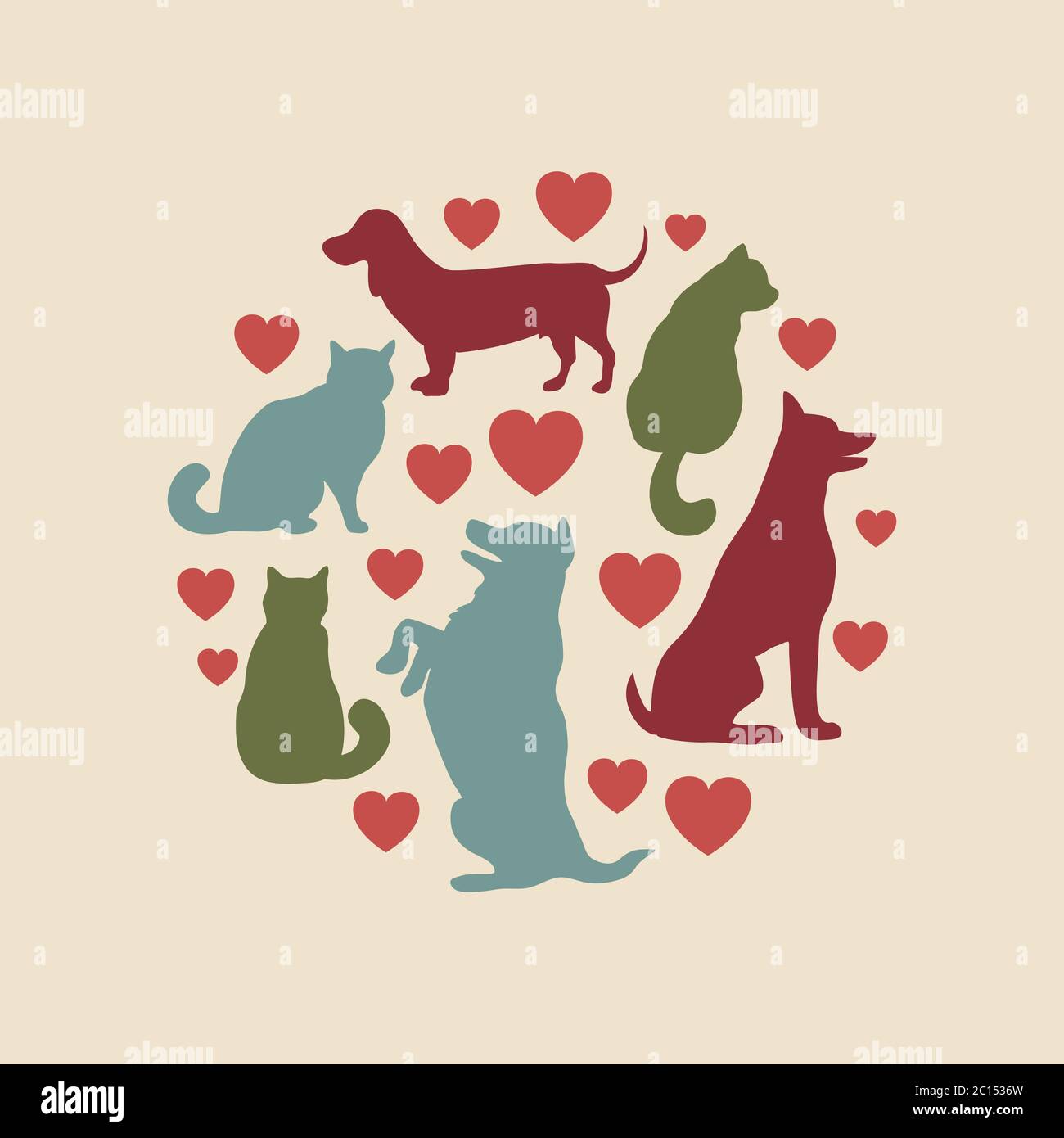 Composition circulaire de silhouette de chat et de chien Illustration de Vecteur