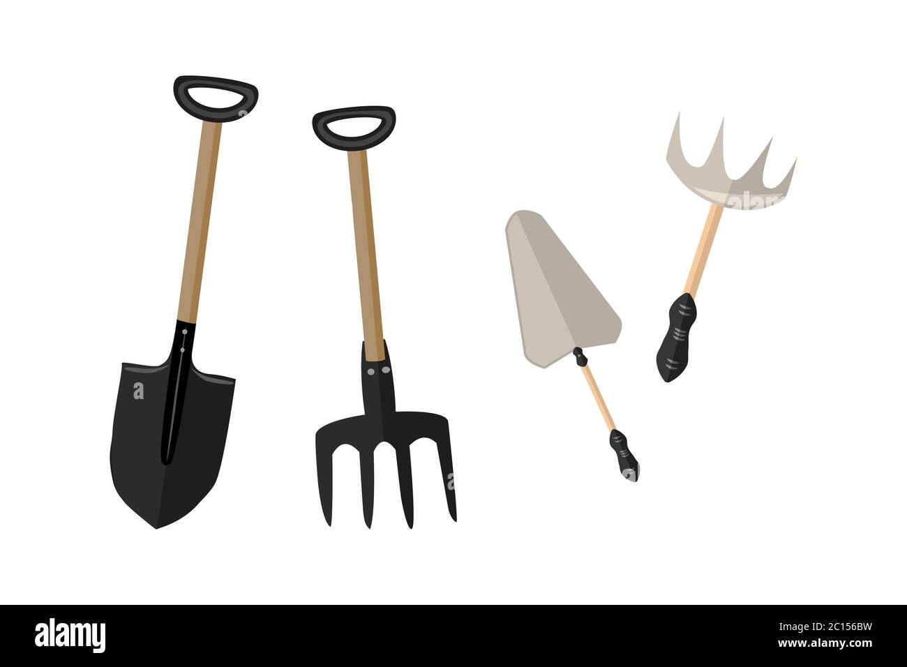 Jardinage outils de travaux de terrassement isolés sur fond blanc. Hayfork,  truelle, râteau et pelle. Outils et articles de jardinage. Équipement de  terrassement. Vecteur Image Vectorielle Stock - Alamy