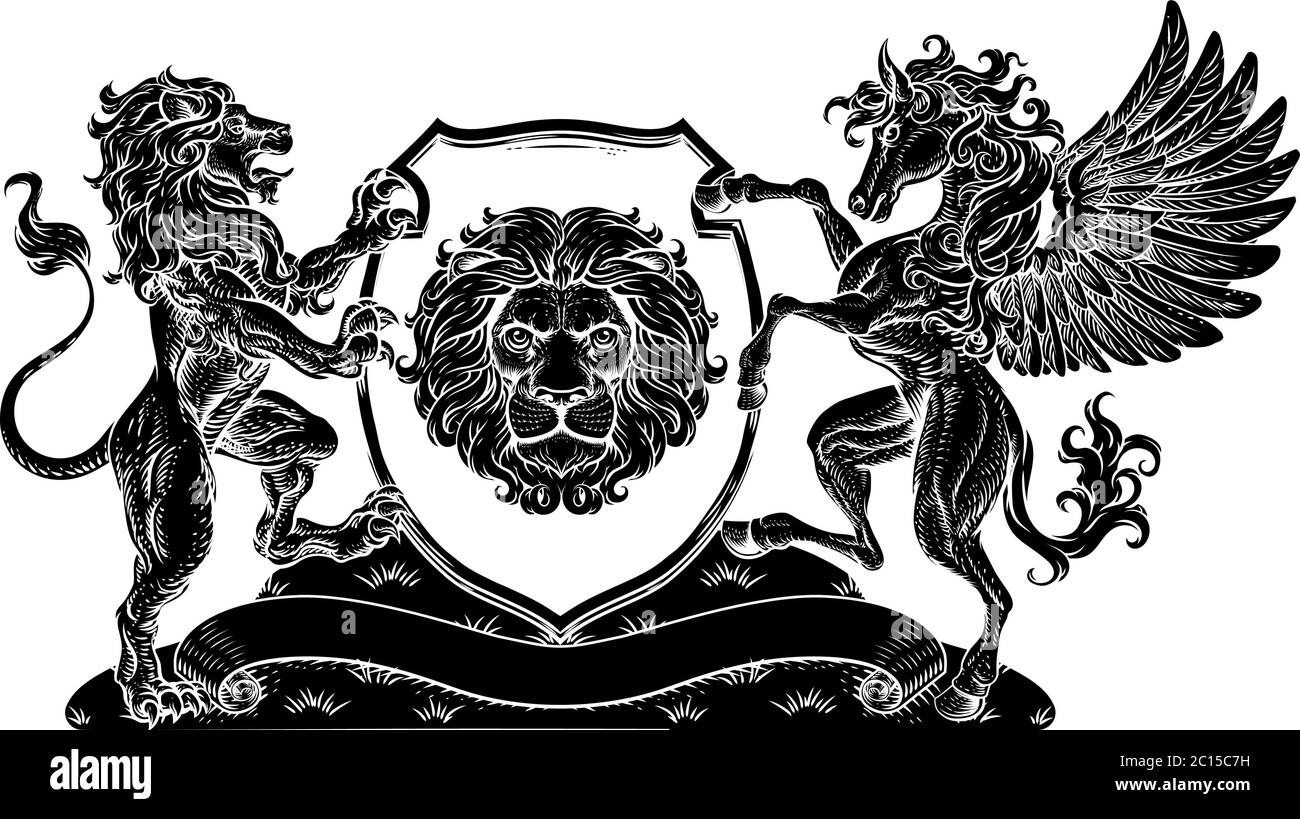 Armoiries Pegasus Lion Crest Shield Family Seal Illustration de Vecteur Armoiries Pegasus Lion Crest Shield Family Seal Illustration de Vecteur