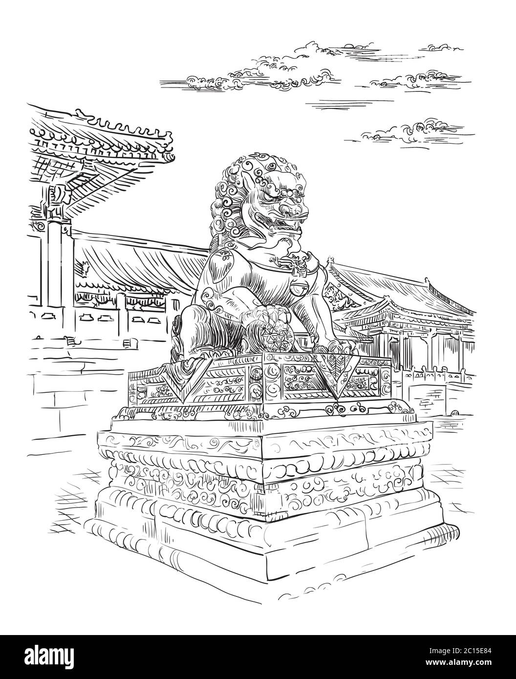 Grand lion de bronze dans la ville interdite à Beijing , monument de la Chine. Illustration d'esquisse vectorielle dessinée à la main en noir, isolée sur fond blanc. C Illustration de Vecteur