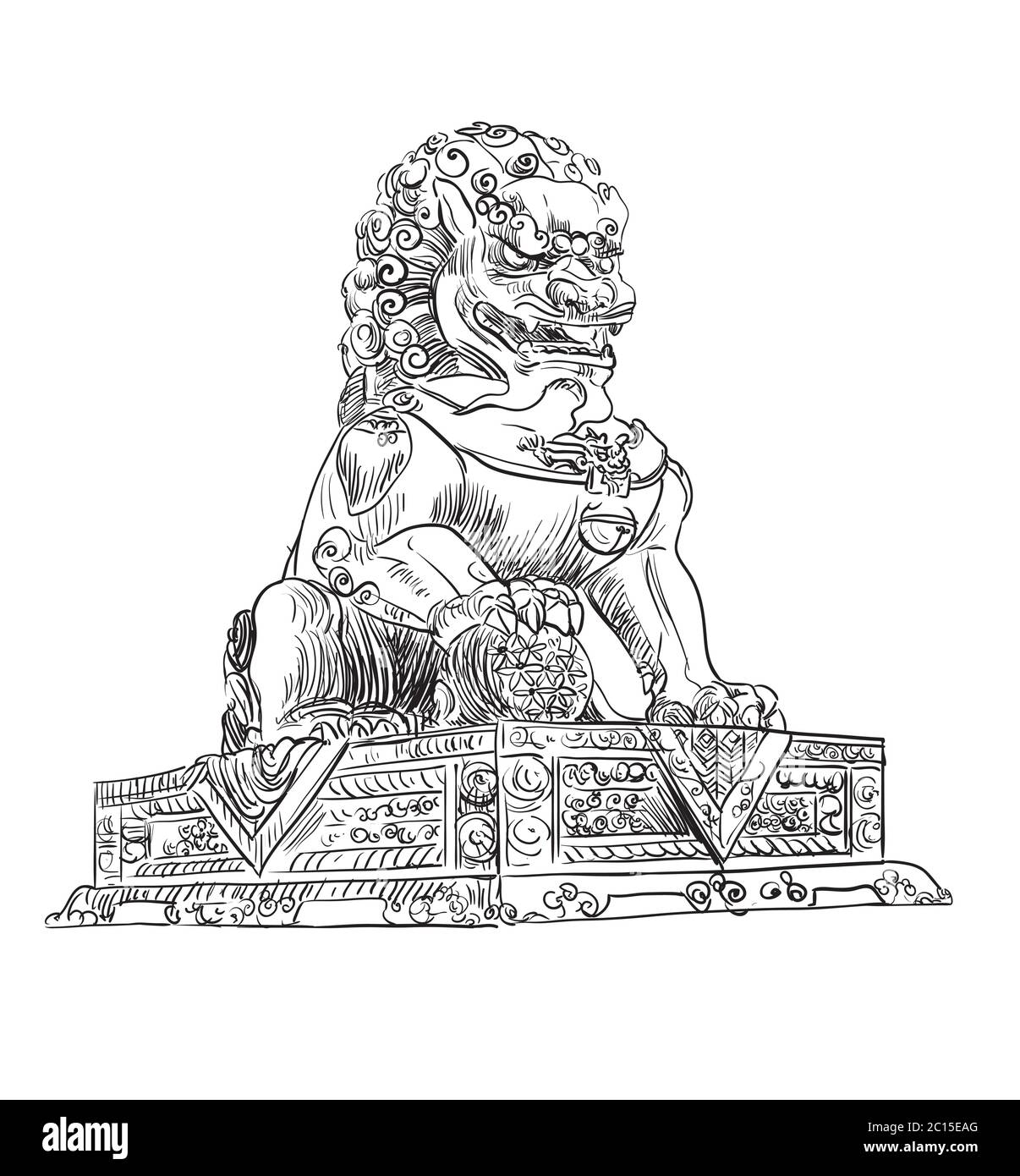 Grand lion de bronze dans la ville interdite à Beijing , monument de la Chine. Illustration d'esquisse vectorielle dessinée à la main en noir, isolée sur fond blanc. C Illustration de Vecteur