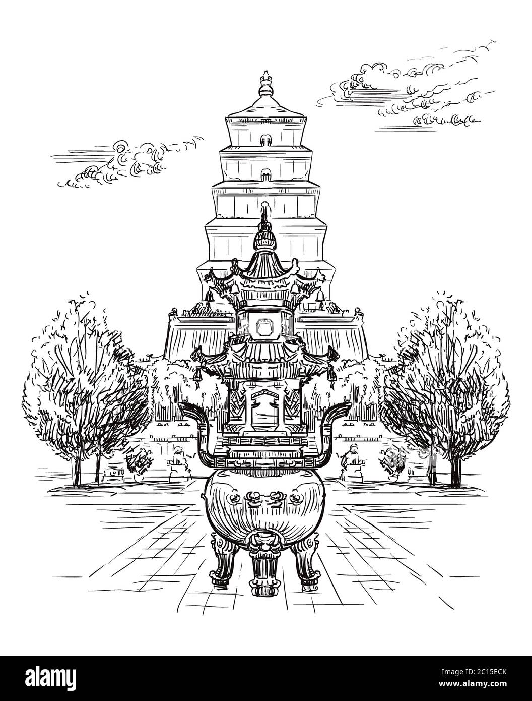 Grande pagode d'oie sauvage, pagode bouddhiste dans le sud de Xi'an, province de Shaanxi, point de repère de la Chine. L'illustration d'esquisse vectorielle dessinée à la main en noir est Illustration de Vecteur