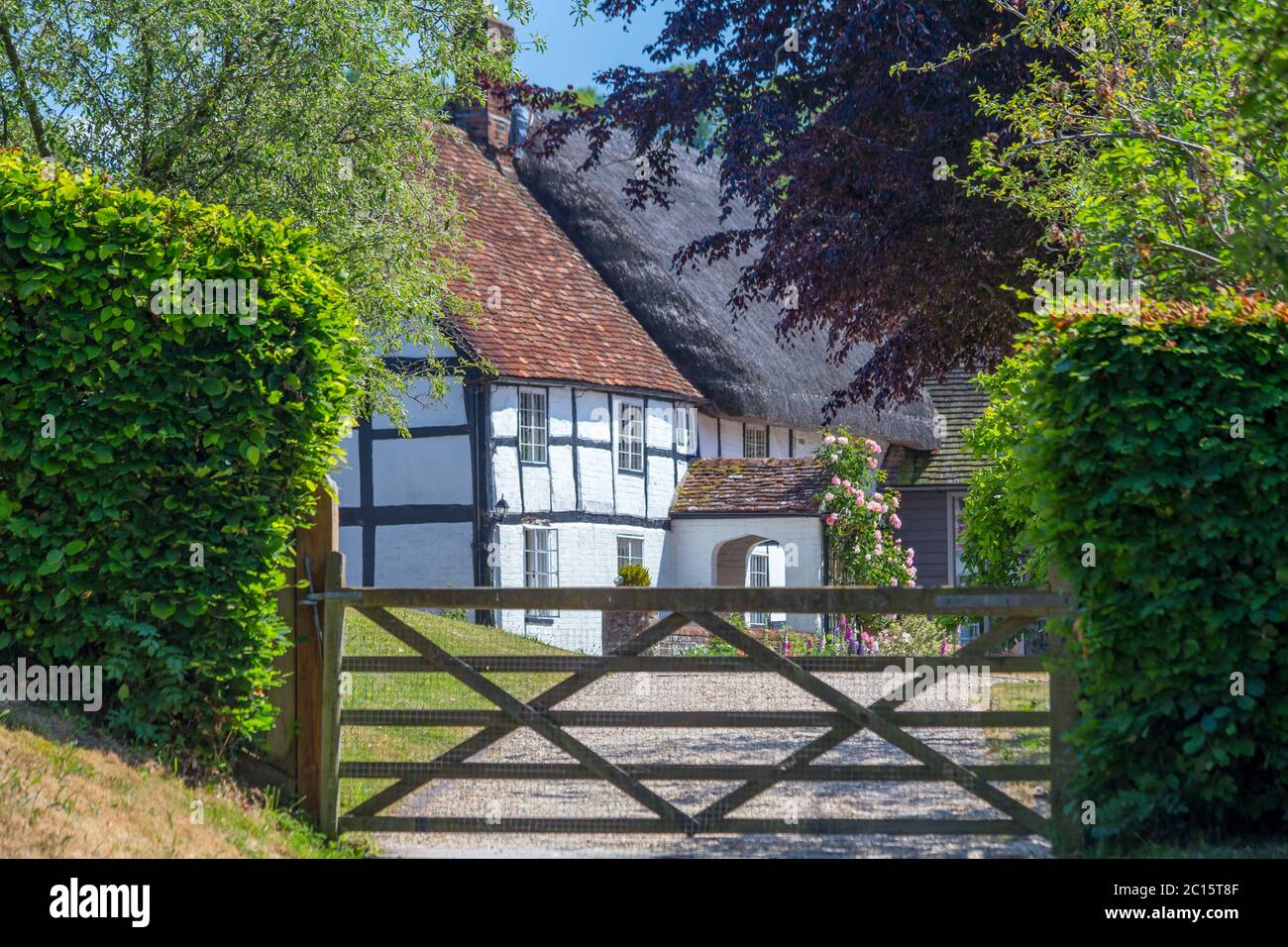 Pittoresque maison de campagne au toit de chaume dans le village de Chilcomb, Hampshire, Angleterre, Royaume-Uni Banque D'Images