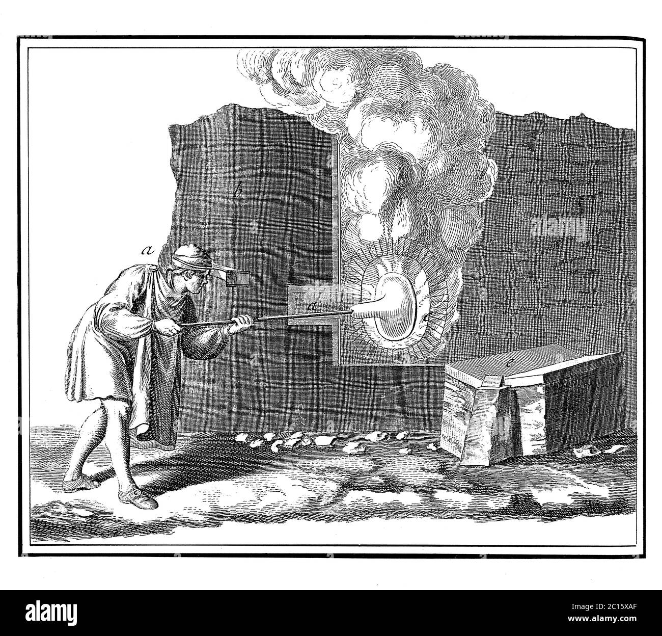 Industrie du verre. Illustration ancienne de la manière dont le souffleur réchauffe le globe de verre, tout en le tournant rapidement. 18th siècle, France. Banque D'Images