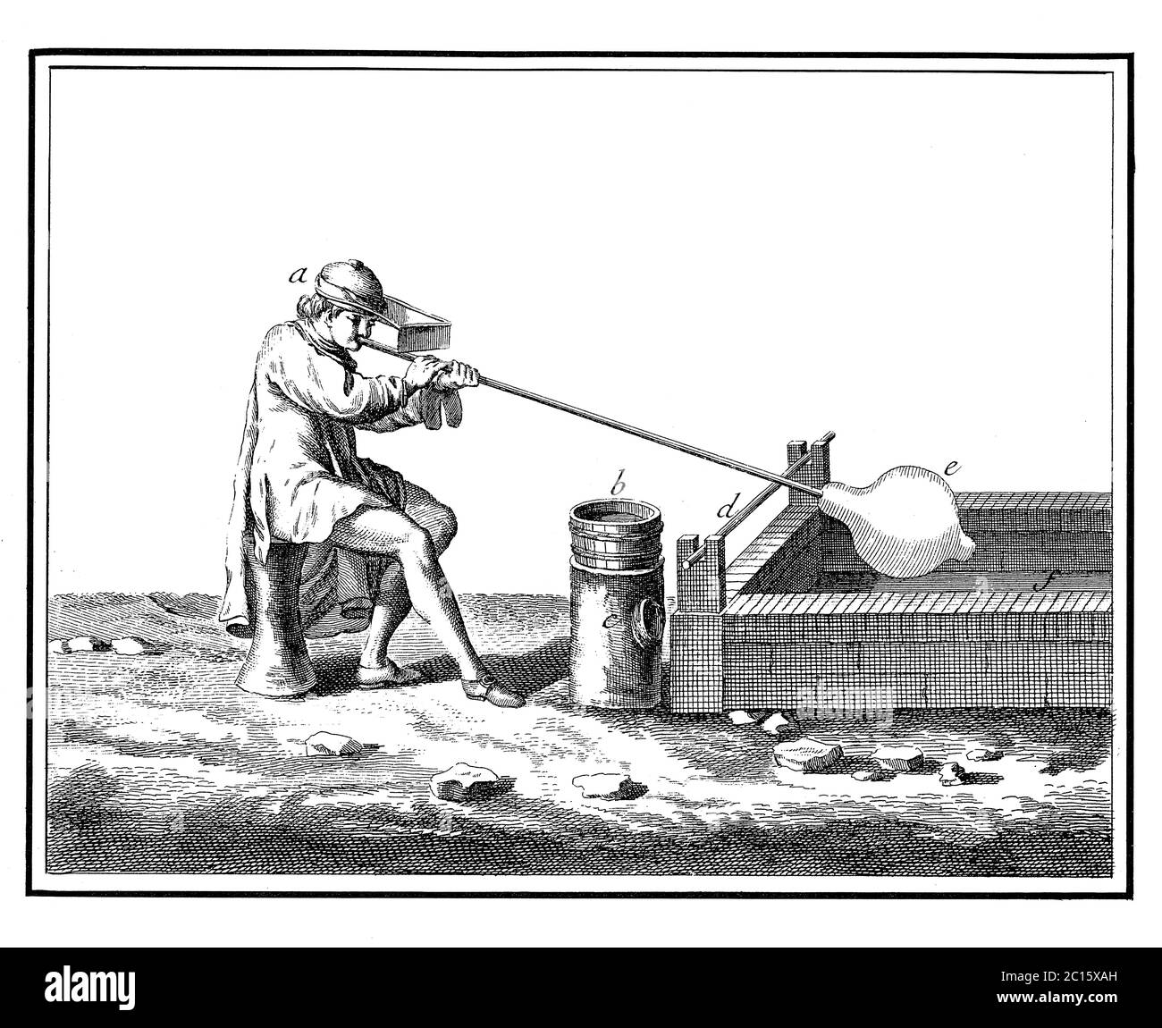 Fabrication de verre antique. Illustration de la manière dont le souffleur servira de point de fixation pour la tige de perforation sur laquelle le disque est tourné à plat. Banque D'Images