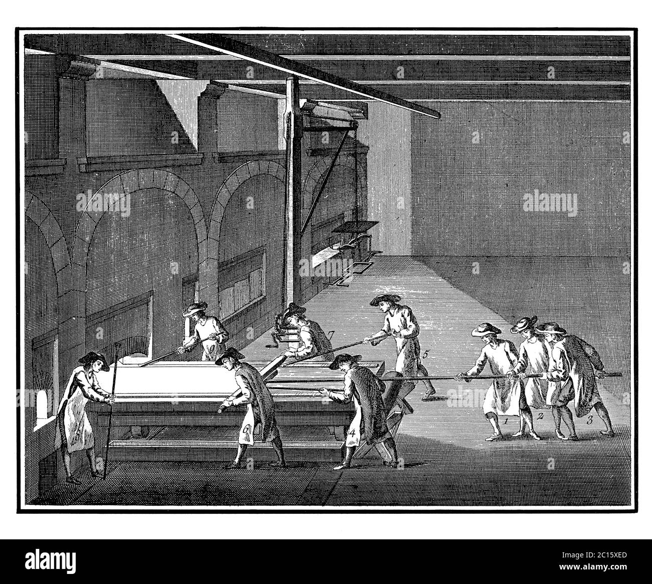 Illustration ancienne représentant la façon dont la plaque de verre est glissée dans le four de recuit. Publié dans 'A Diderot Pictorial Encyclopedia of Trades and In Banque D'Images