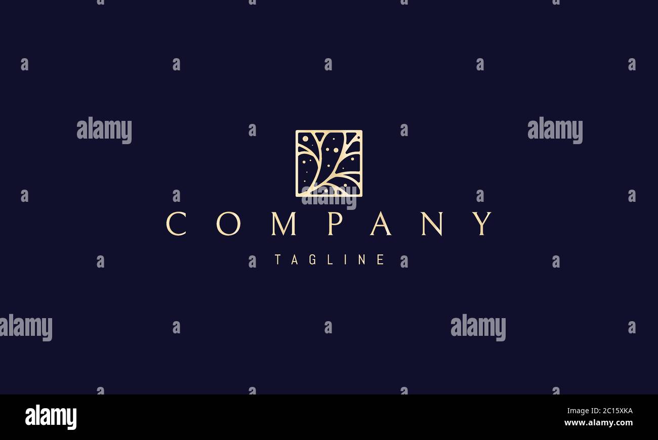 Logo vectoriel doré sur lequel une image abstraite d'une branche avec des feuilles carrées. Illustration de Vecteur