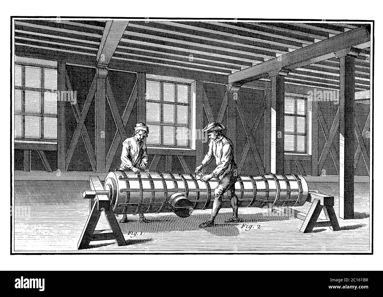 illustration du 18e siècle de canon recouvert d'un mélange gras d'huile et de suif afin qu'il puisse être glissé hors de la moisissure qui sera formé aroun Banque D'Images