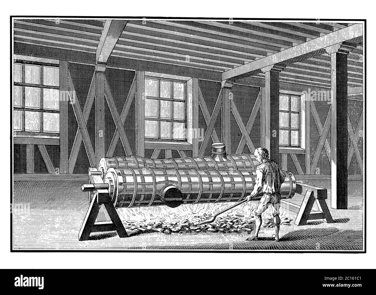 illustration du xviiie siècle d'un feu sur le plancher de l'atelier sous le moule pour sécher l'argile. Publié dans 'A Diderot Pictorial Encyclopedia of Trad Banque D'Images