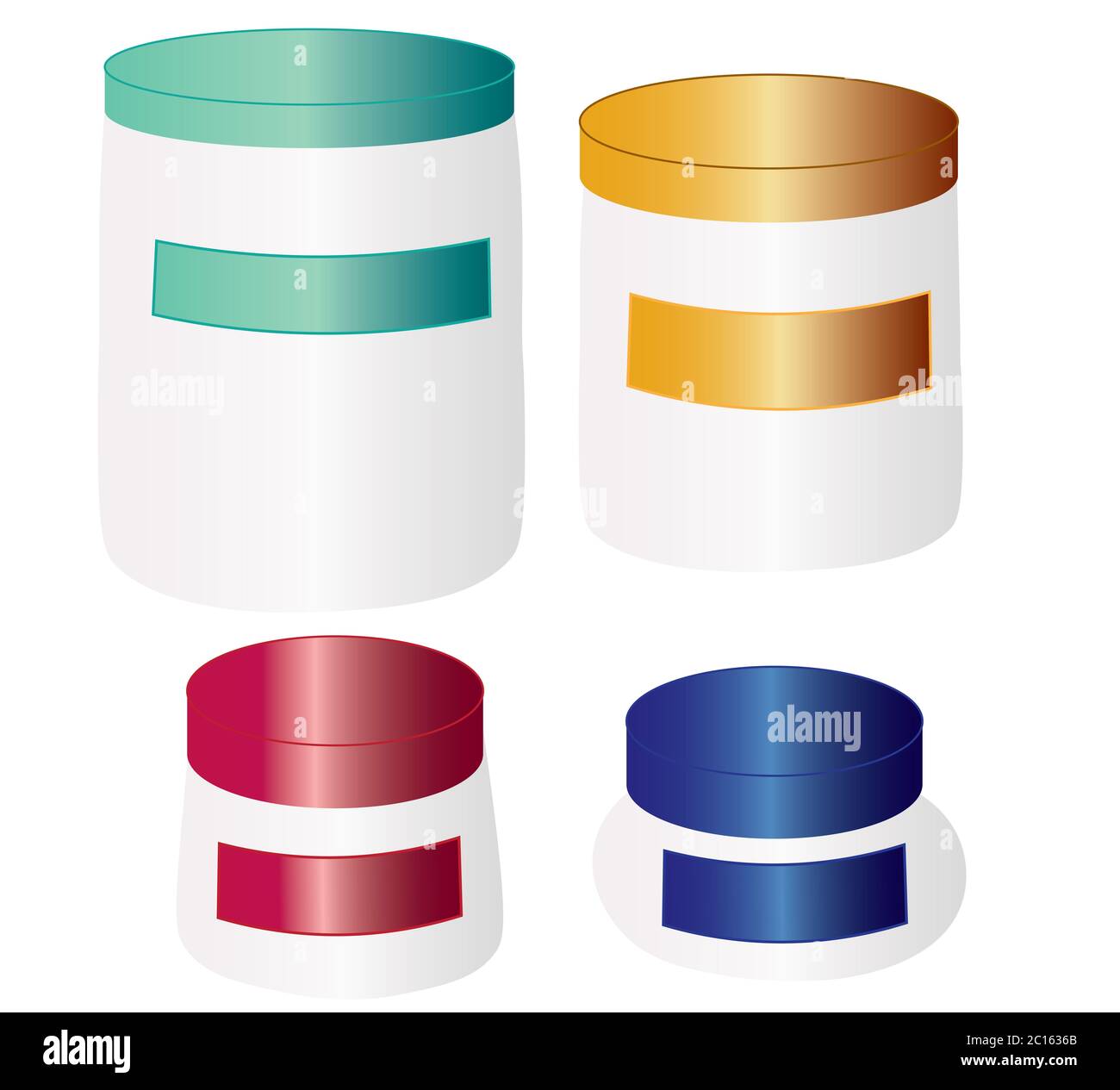 Assortiment de jarres graphiques de différentes tailles et formes avec couvercles de différentes couleurs. Isolé sur fond blanc. Banque D'Images