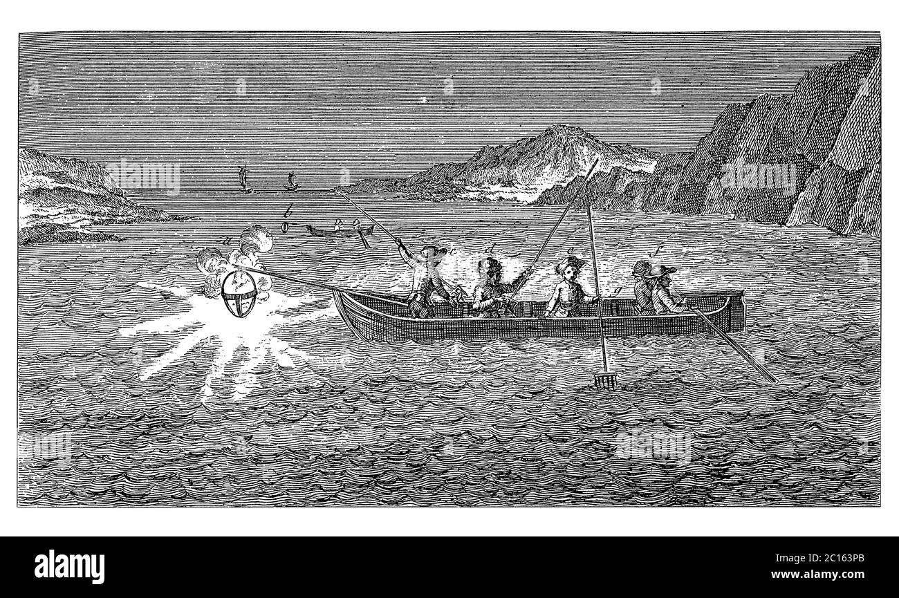 illustration du xviiie siècle de la pêche avec des fusées éclairantes la nuit. Publié dans 'A Diderot Pictorial Encyclopedia of Trades and Industry. Fabrication et TH Banque D'Images