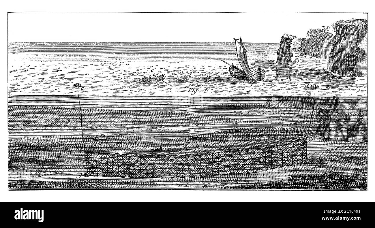 illustration du 18e siècle du filet de pêche, conçu pour piéger les poissons plus gros, jusqu'à 5 ou 10 livres. Publié dans 'A Diderot Pictorial Encyclopedia of Trades Banque D'Images