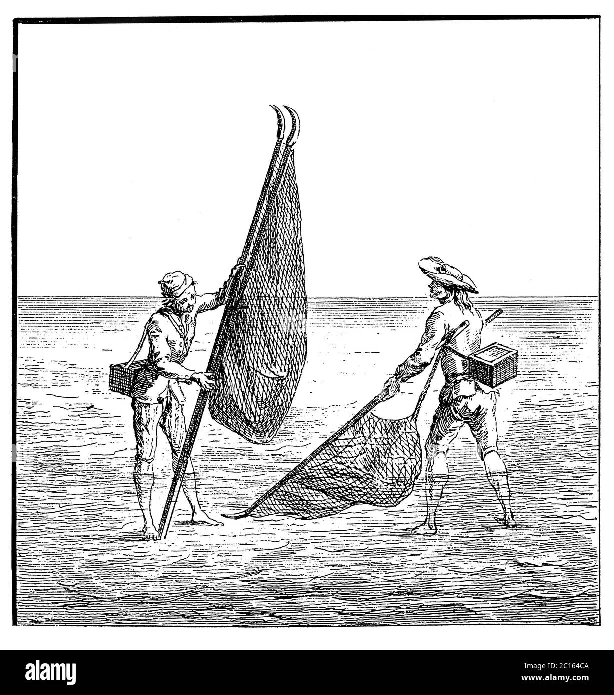 illustration du xviiie siècle de la pêche avec un filet de crevettes dans les échaloes. Publié dans 'A Diderot Pictorial Encyclopedia of Trades and Industry. Fabricant Banque D'Images