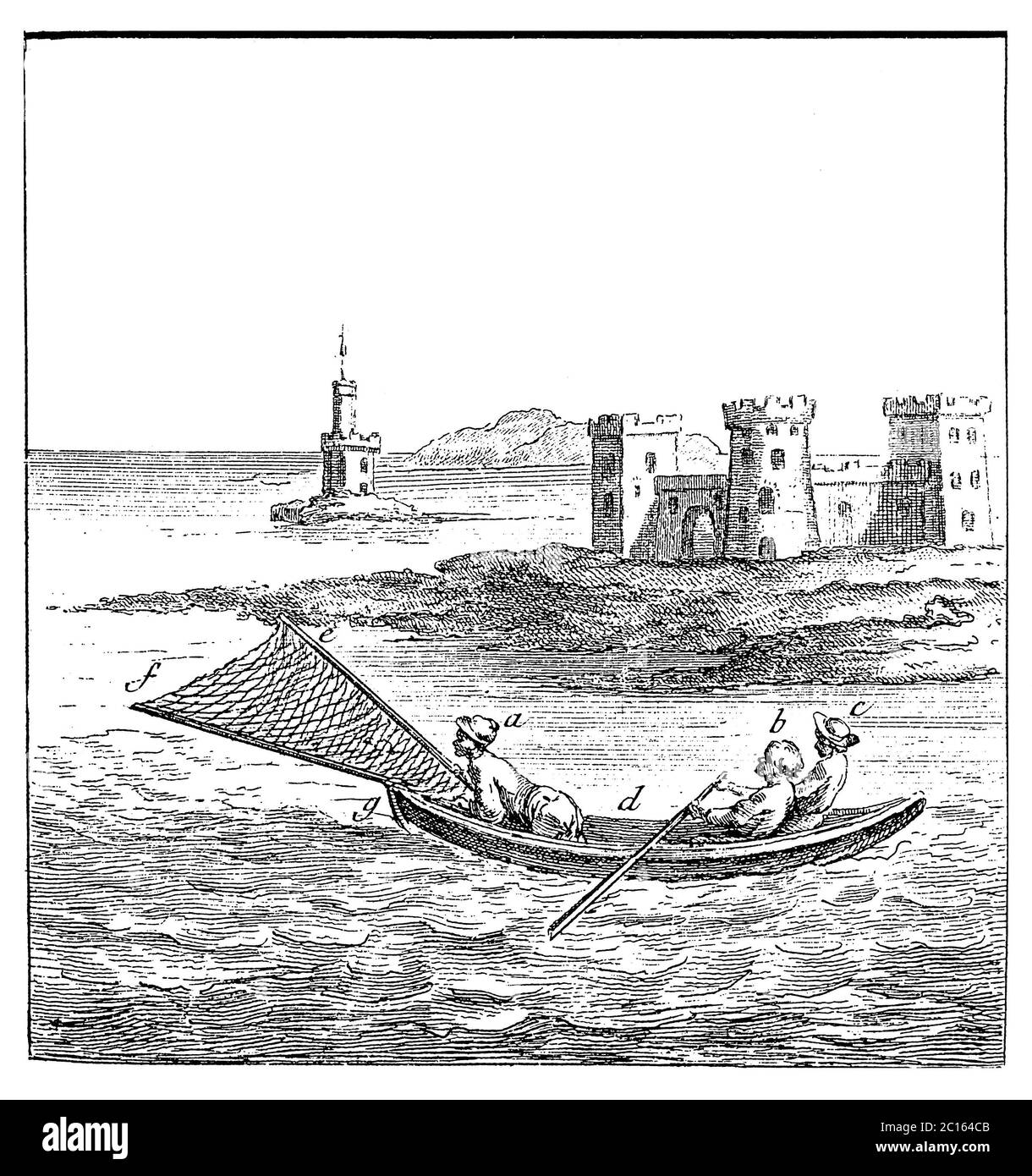 Pêche au filet sur bateau, gravure en cuivre de 1771 : deux hommes rament tandis qu'un troisième soulève une grande écope triangulaire à la proue. L'Encyclopédie de Diderot, Paris. Banque D'Images