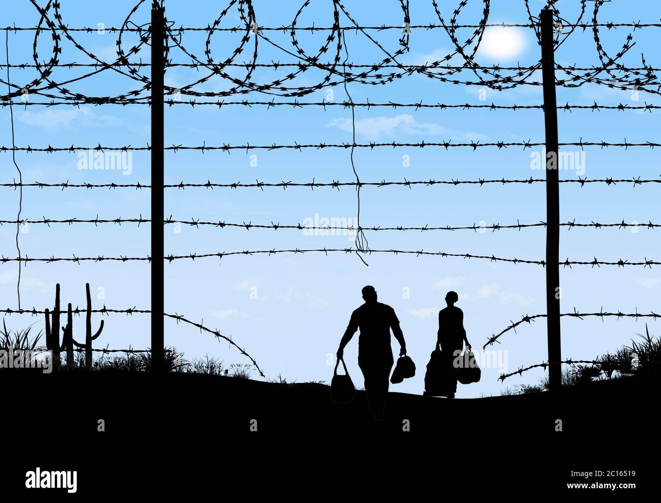 Un homme et une femme sont vus en silhouette après avoir enfreint une barrière frontalière à la frontière sud des États-Unis. Ils ont traversé un fil barbelé cassé f Banque D'Images