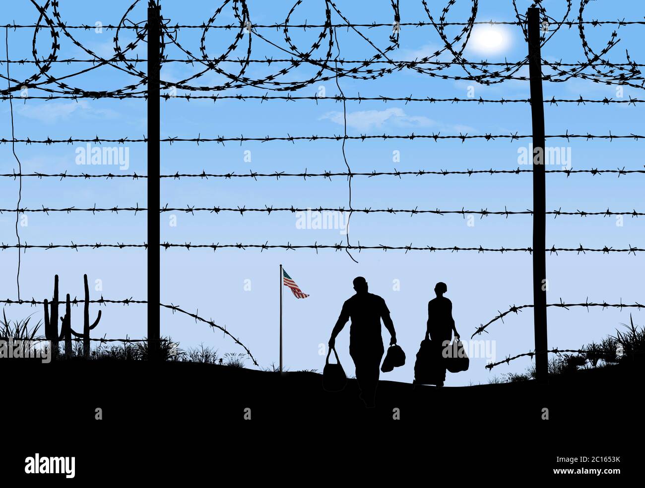 Un homme et une femme sont vus en silhouette après avoir enfreint une barrière frontalière à la frontière sud des États-Unis. Ils ont traversé un fil barbelé cassé f Banque D'Images