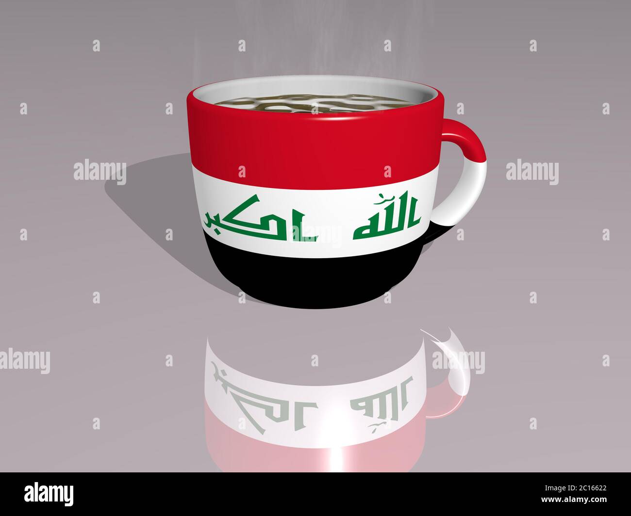 L'IRAK a mis sur une tasse de café chaud dans une illustration 3D miroir sur le sol avec une perspective réaliste et des ombres Banque D'Images