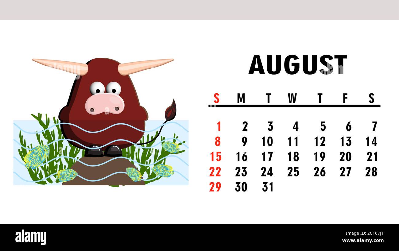 Calendrier des enfants mignon 2021. Année du taureau. Personnage de taureau drôle isolé sur fond blanc. Symbole de 2021 Illustration de Vecteur