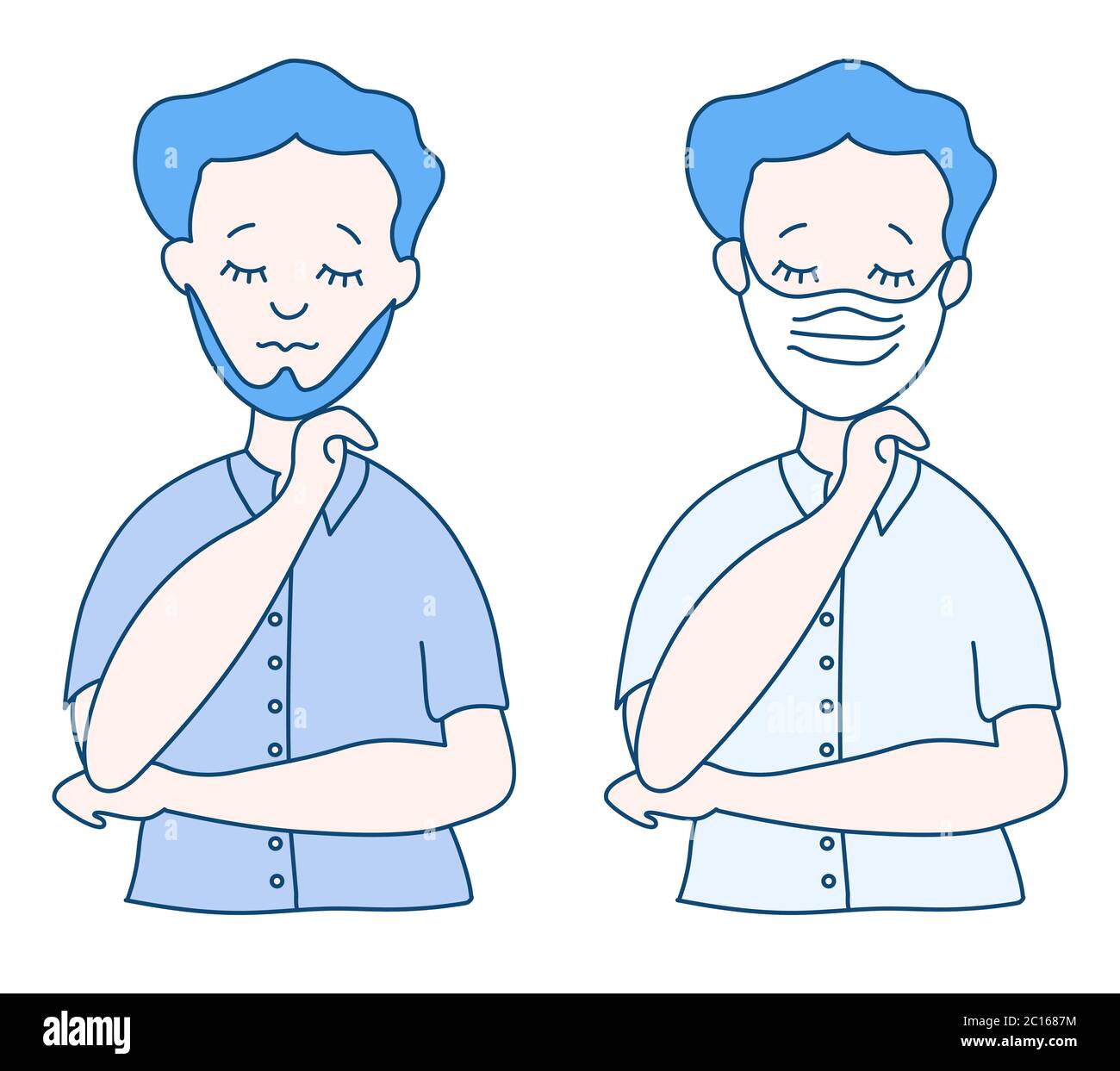 Un homme avec une barbe dans un masque médical. Et un homme sans masque sur  son visage avec des yeux fermés dans une chemise. Protection contre les  virus, COVID-19 et air Image