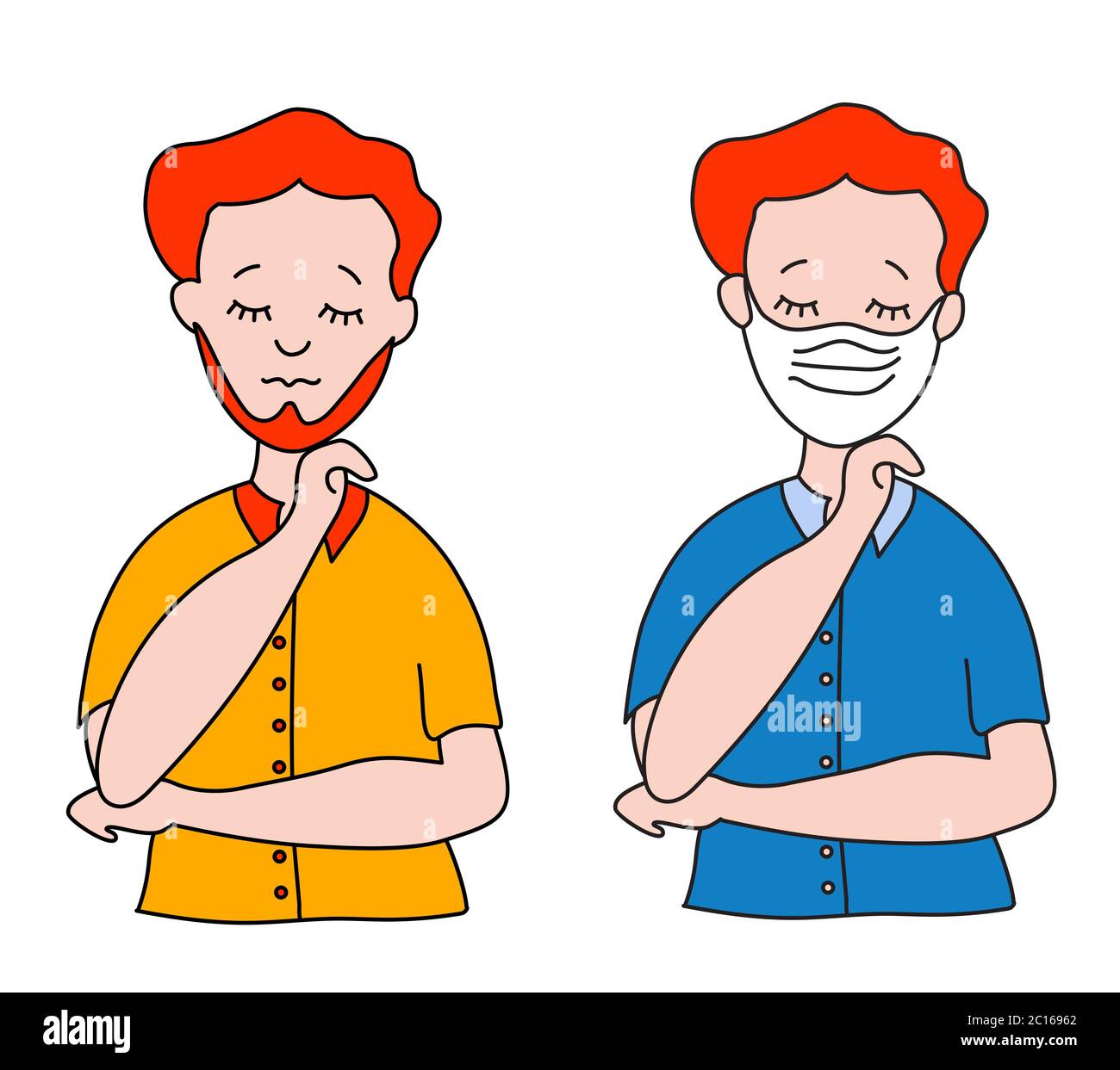 Un homme avec une barbe dans un masque médical. Et un homme sans masque sur son visage avec ses yeux fermés dans une chemise brillante. Protection contre les virus, COVID Illustration de Vecteur