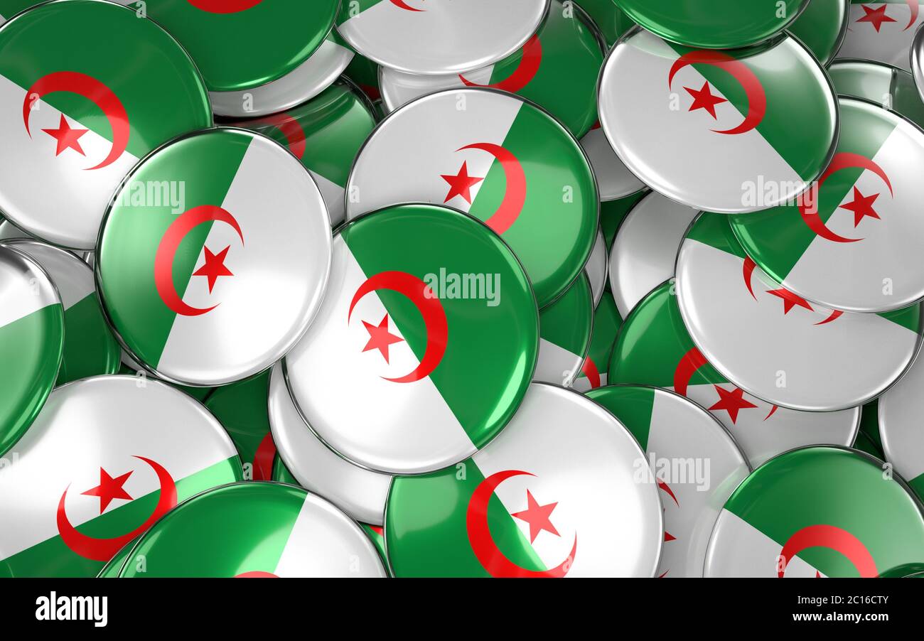Algérie badges fond - pile de boutons de drapeau algérien. Banque D'Images