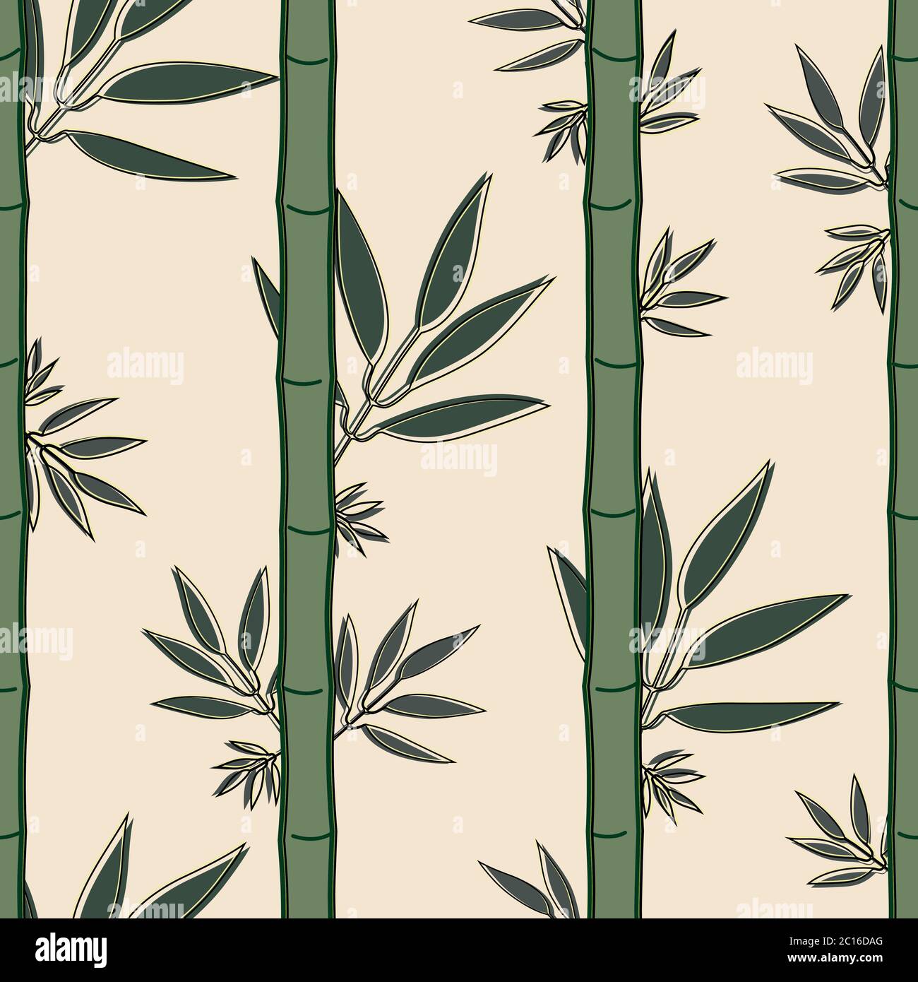 Motif sans couture avec bambou vert et feuilles vertes douces sur fond jaune doux. Illustration de Vecteur