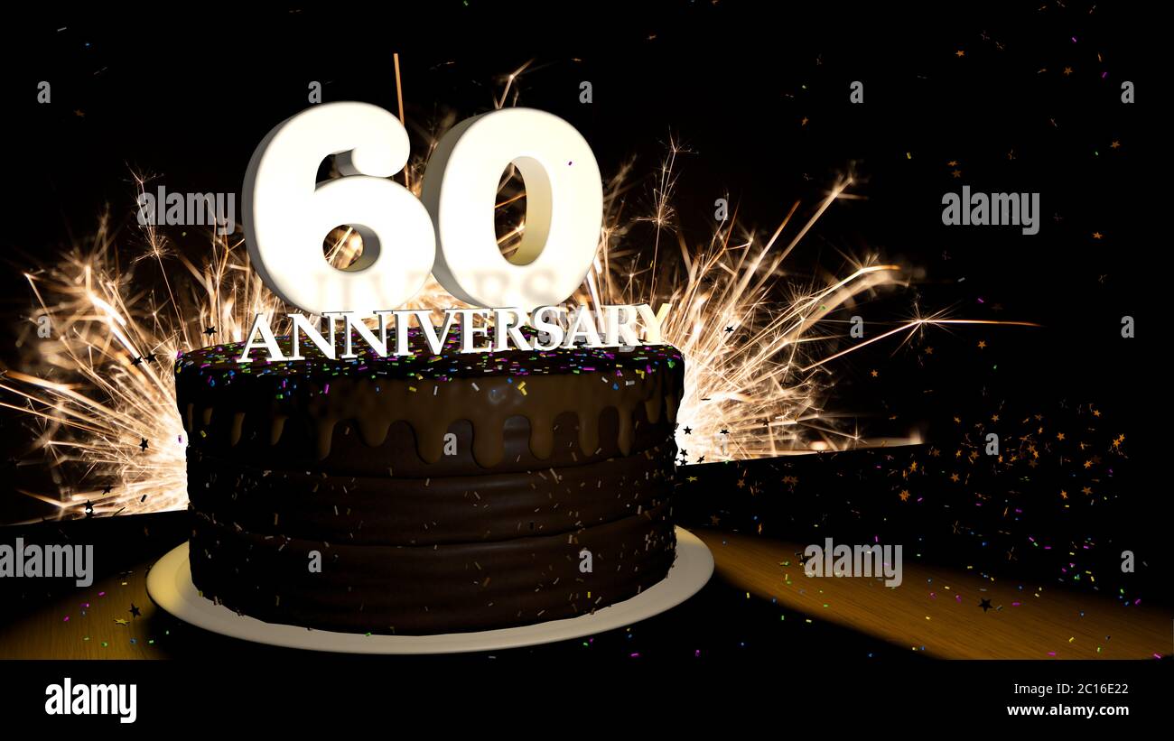 Carte anniversaire 60. Gâteau rond au chocolat décoré de dragées de couleur bleue, rouge, jaune, verte avec des chiffres blancs sur une table en bois Banque D'Images