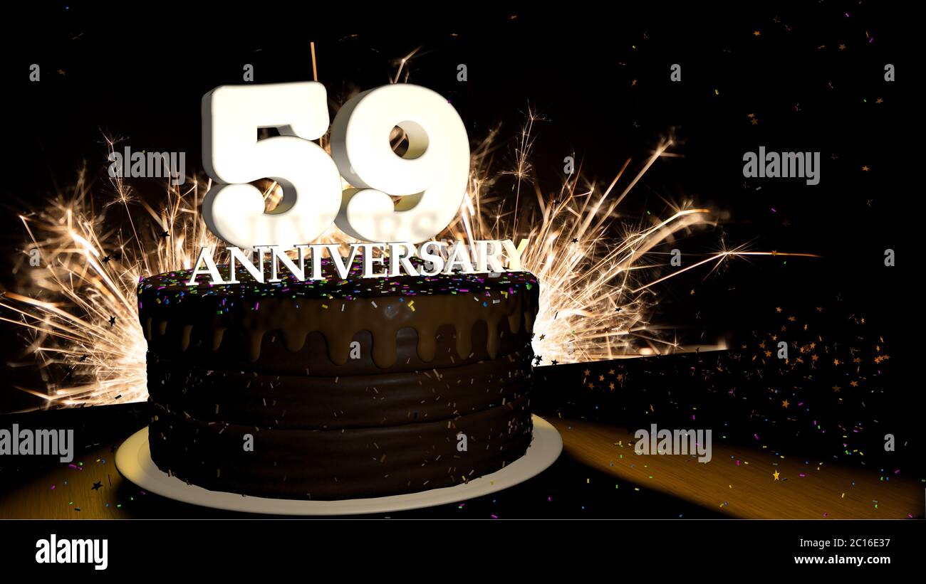 Carte anniversaire 59. Gâteau rond au chocolat décoré de dragées de couleur bleue, rouge, jaune, verte avec des chiffres blancs sur une table en bois Banque D'Images