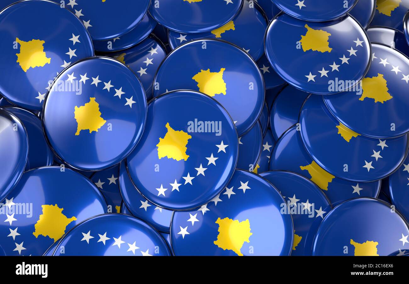 Médailles du Kosovo contexte - pile de boutons du drapeau kosovan. Banque D'Images