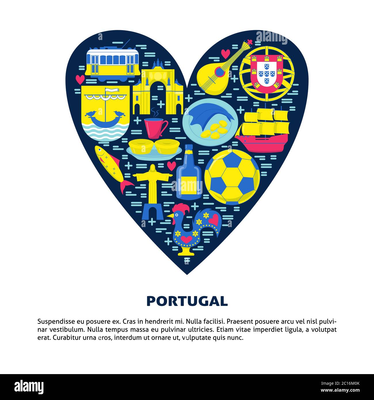 Portugal concept avec icônes dans le style plat. Symboles traditionnels avec culture nationale, cuisine et attractions. Modèle de bannière ou d'affiche avec plac Illustration de Vecteur