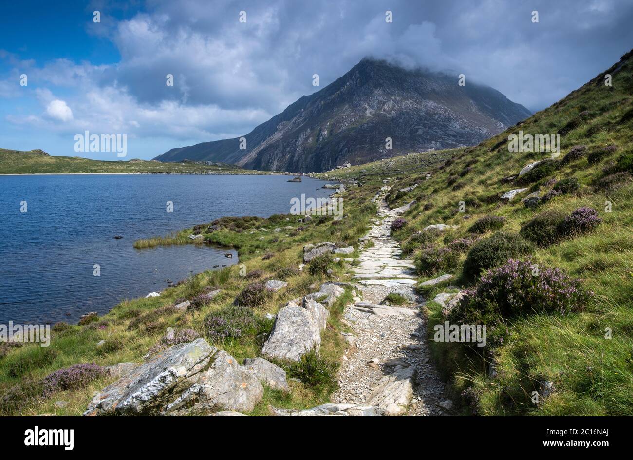Vue sur Llyn Idwal, un petit lac dans le MCG Idwal dans les montagnes Glyderau de Snowdonia, au nord du pays de Galles, avec Pen yr Ole Wen au loin Banque D'Images