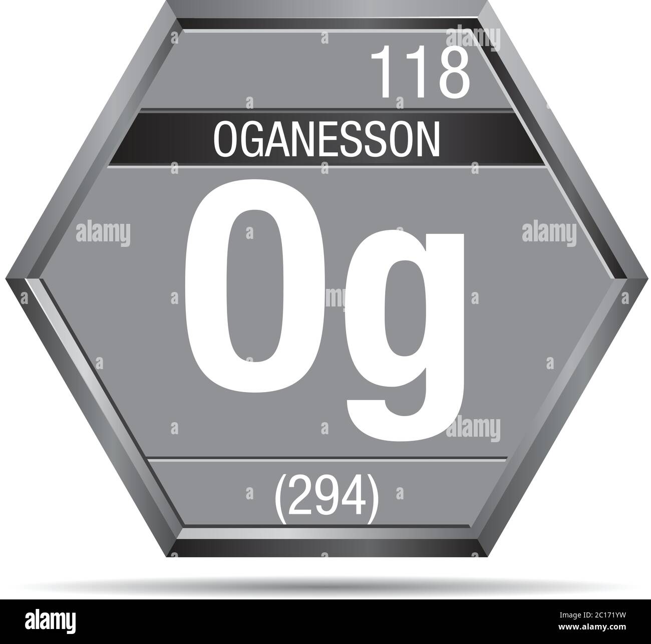 Symbole Oganesson sous forme d'hexagone avec cadre métallique. Élément numéro 118 du tableau périodique des éléments - Chimie Illustration de Vecteur