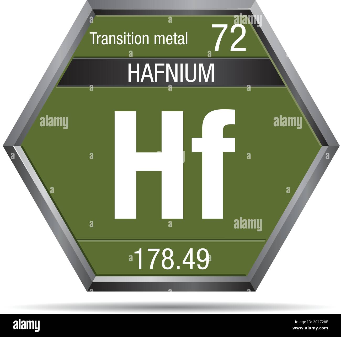 Symbole hafnium sous forme d'hexagone avec cadre métallique. Élément