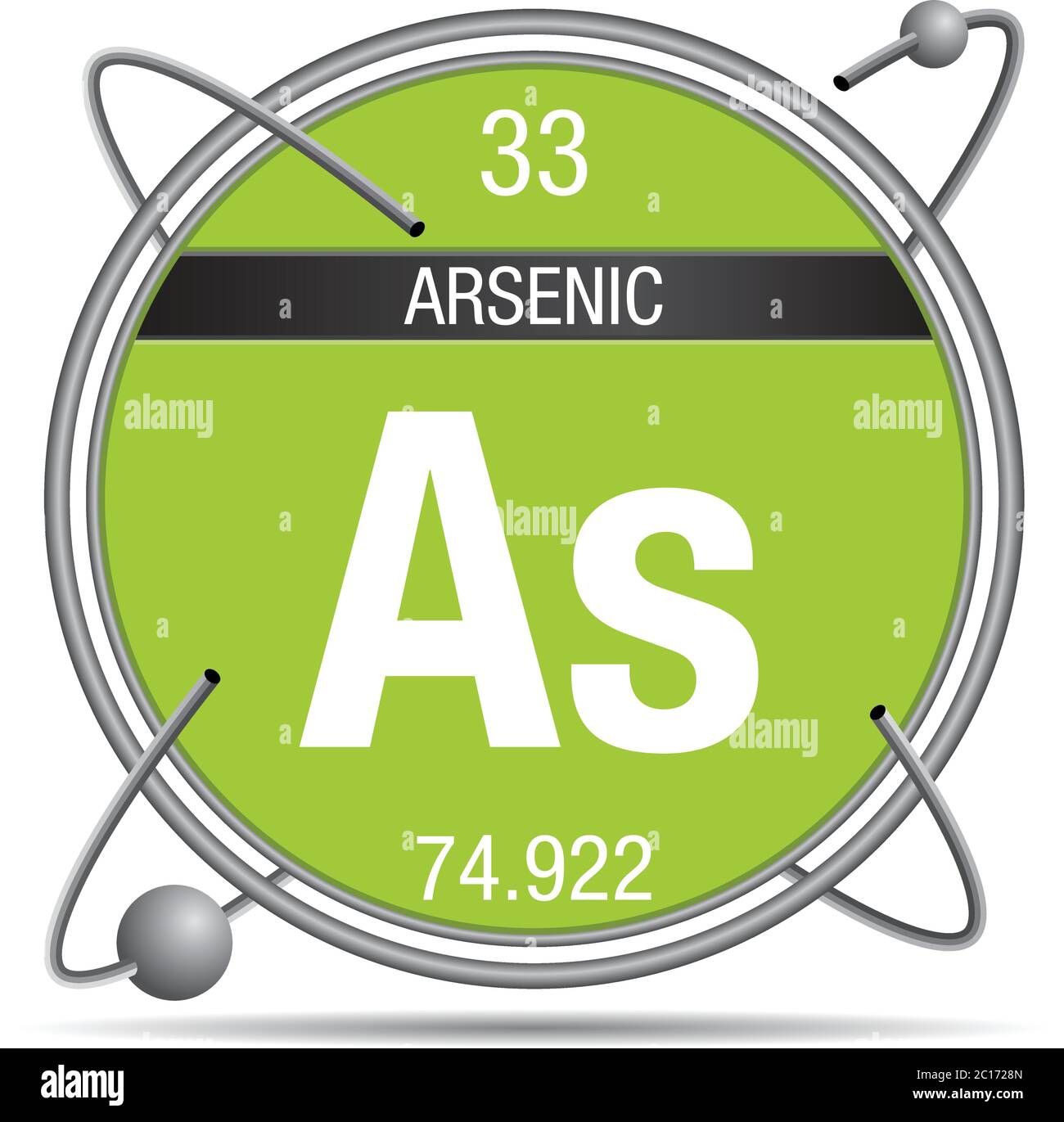 Symbole d'arsenic à l'intérieur d'un anneau métallique avec fond coloré et sphères en orbite autour. Numéro d'élément 33 du tableau périodique des éléments Illustration de Vecteur