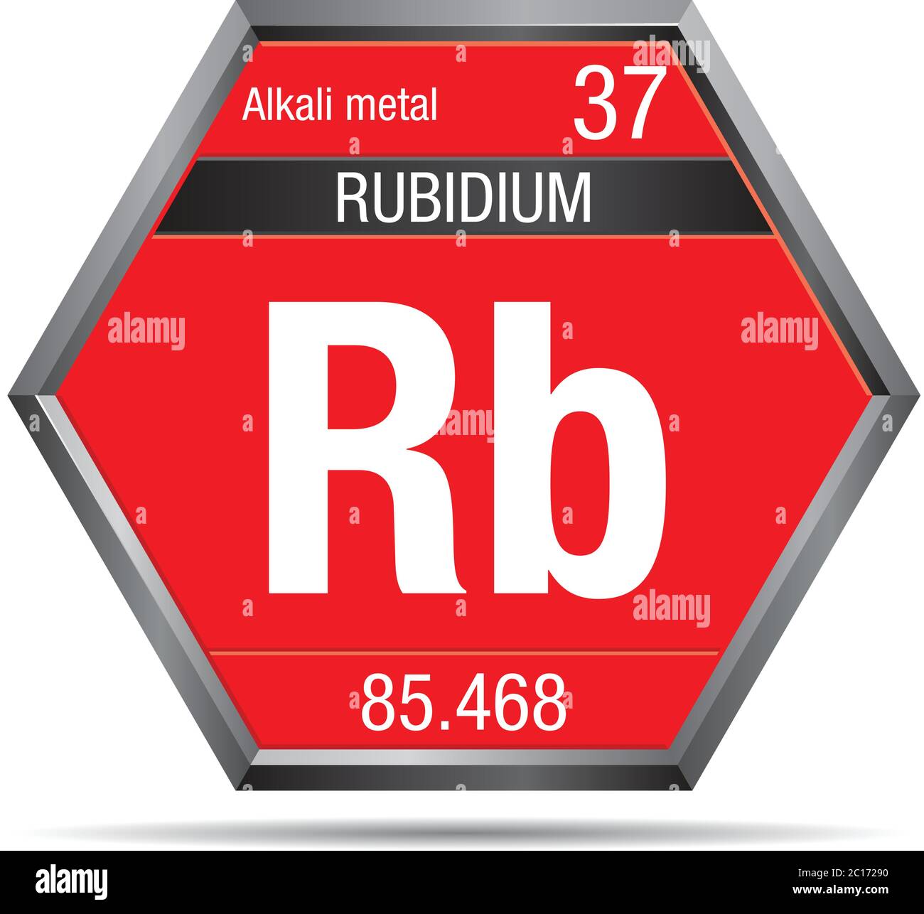 Symbole rubidium sous forme d'hexagone avec cadre métallique. Élément numéro 37 du tableau périodique des éléments - Chimie Illustration de Vecteur