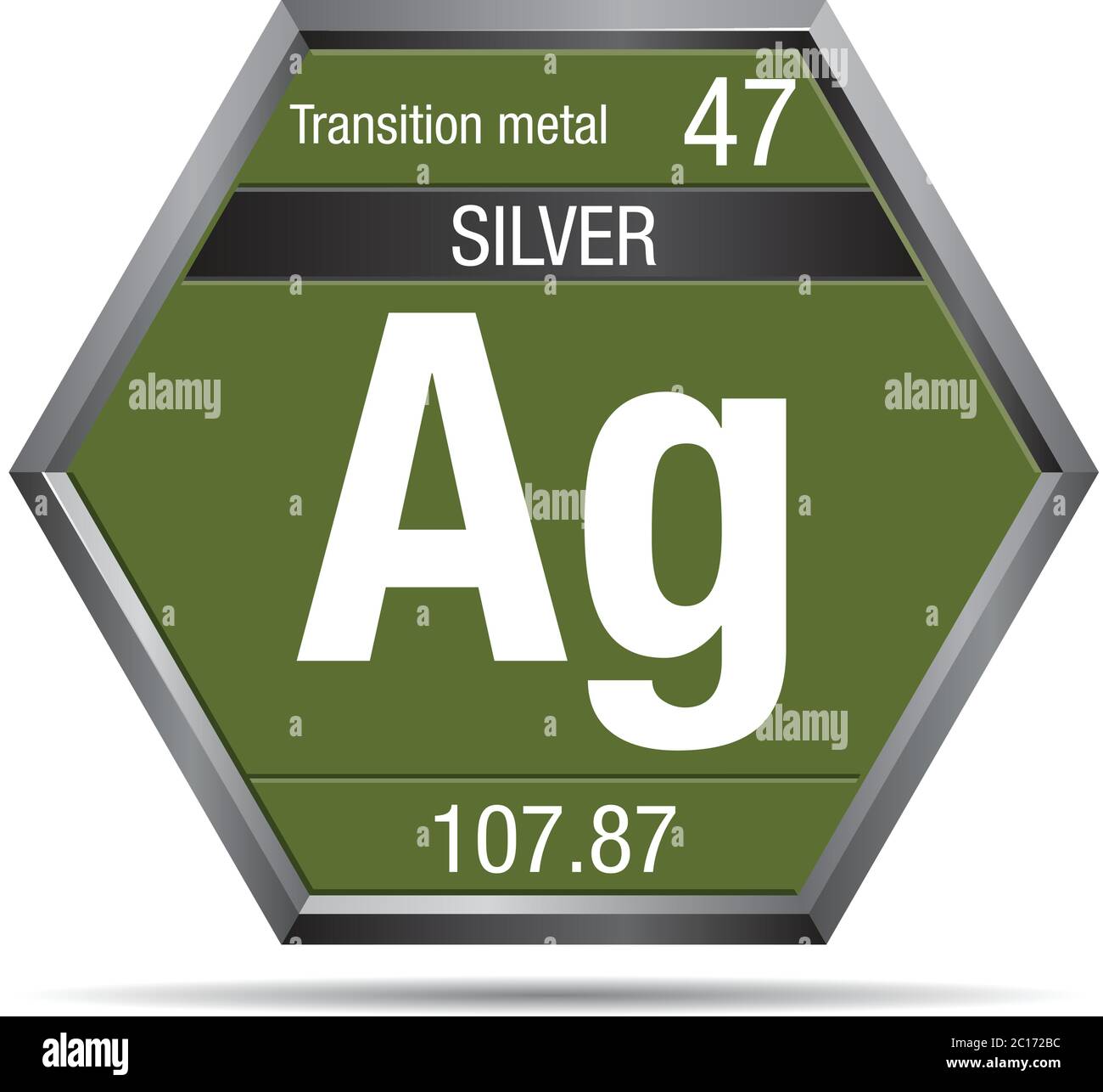 Symbole argent sous forme d'hexagone avec cadre métallique. Élément numéro 47 du tableau périodique des éléments - Chimie Illustration de Vecteur