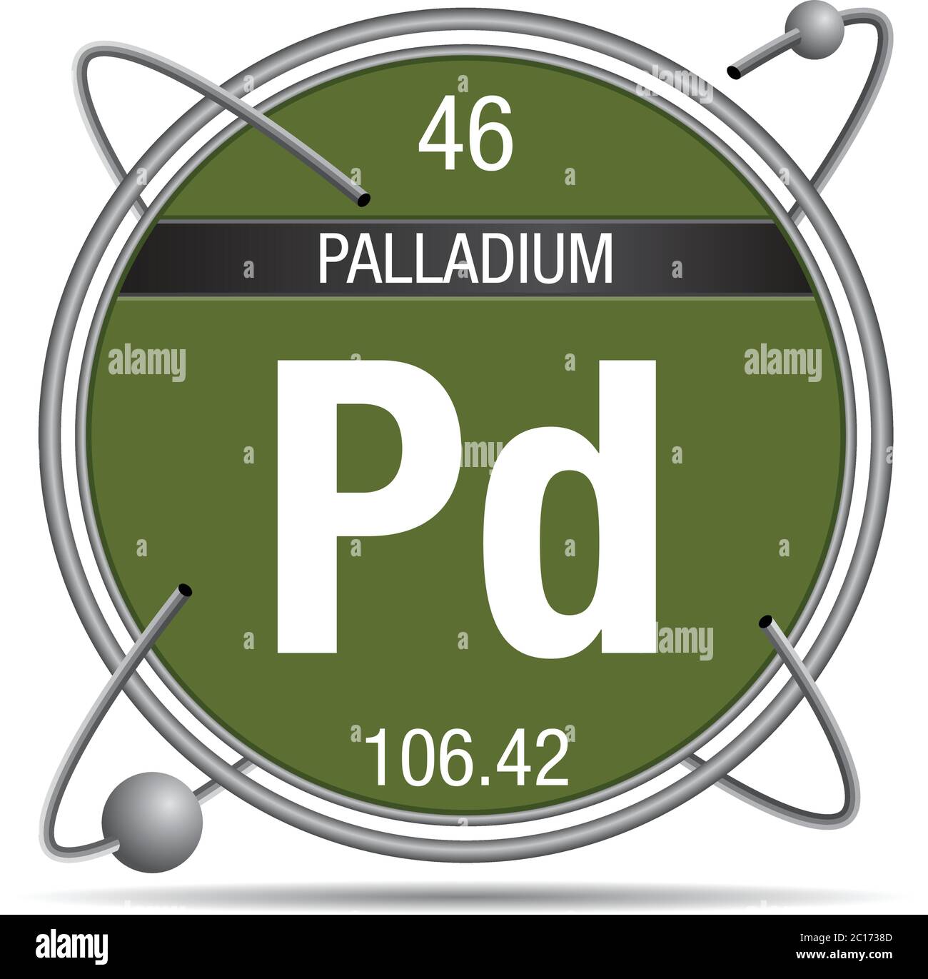 Symbole de palladium à l'intérieur d'un anneau métallique avec fond coloré et sphères en orbite. Numéro d'élément 46 du tableau périodique des éléments Illustration de Vecteur