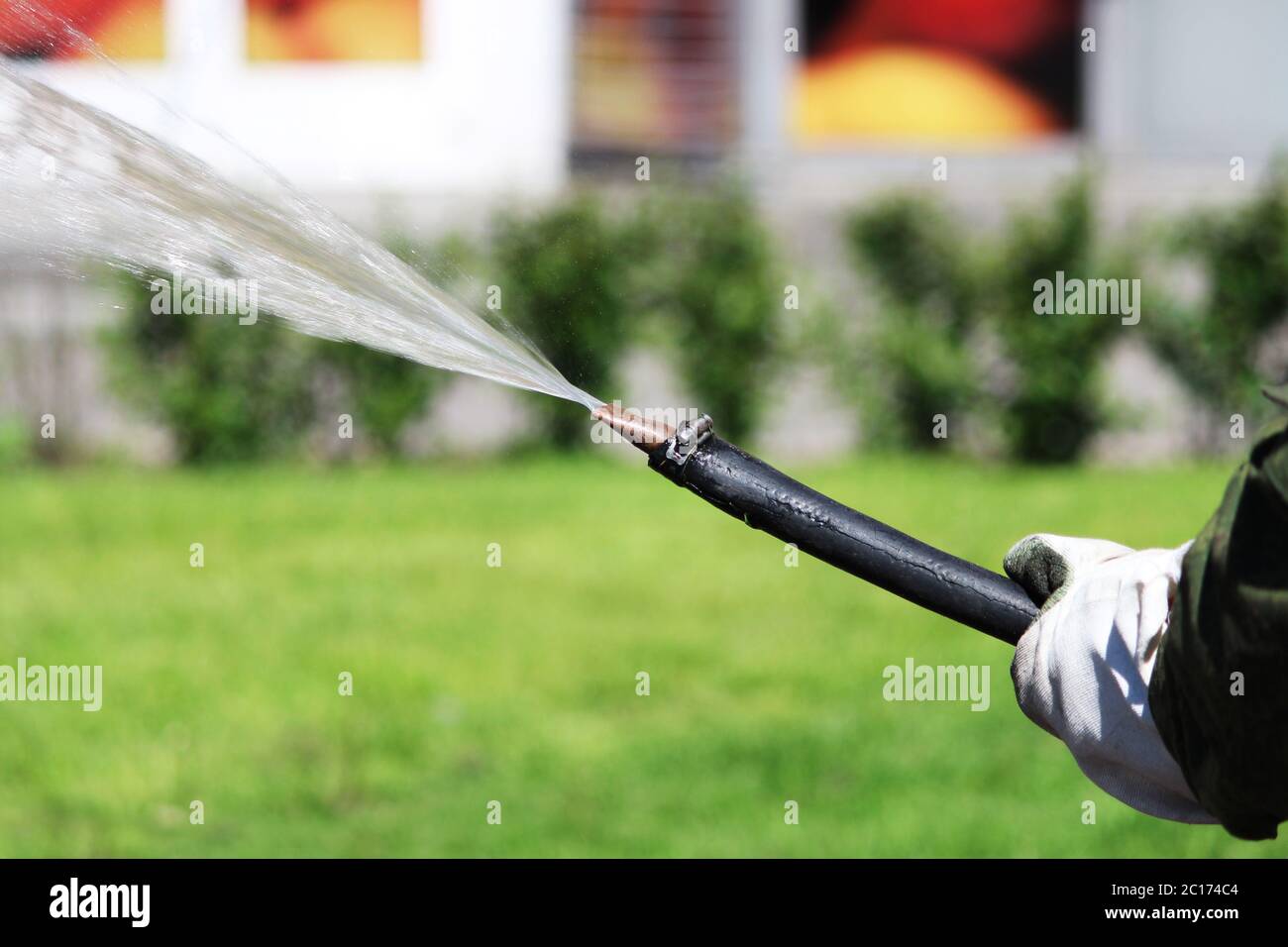 Ouvrier de la ville service arrosage herbe pelouse et fleurs sur les massifs de fleurs dans la ville de Saint-Pétersbourg. Banque D'Images