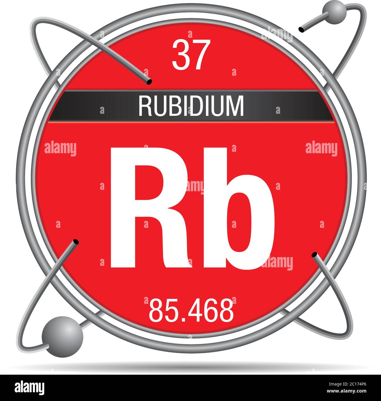 Symbole de rubidium à l'intérieur d'un anneau métallique avec fond coloré et sphères en orbite. Numéro d'élément 37 du tableau périodique des éléments Illustration de Vecteur