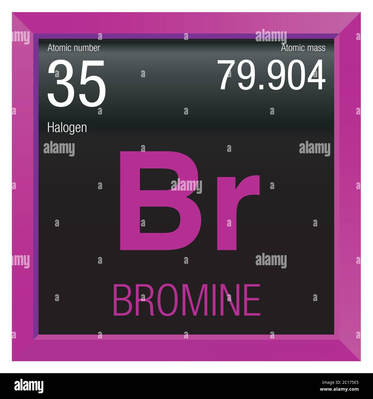 Symbole brome. Élément numéro 35 du tableau périodique des éléments - Chimie - cadre carré magenta avec fond noir Illustration de Vecteur