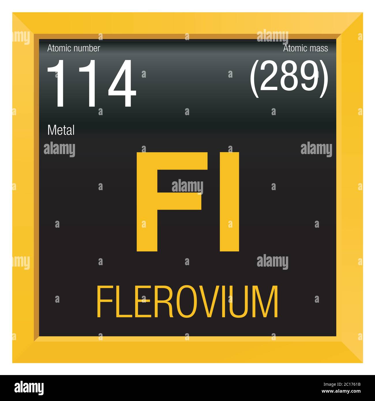 Symbole Flerovium. Élément numéro 114 du tableau périodique des éléments - Chimie - cadre carré jaune avec fond noir Illustration de Vecteur