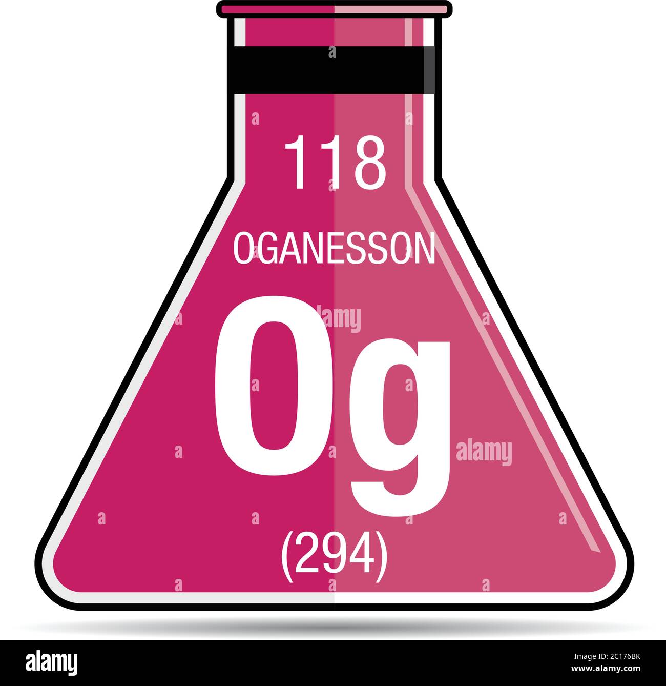 Symbole Oganesson sur flacon de produit chimique. Élément numéro 118 du tableau périodique des éléments - Chimie Illustration de Vecteur