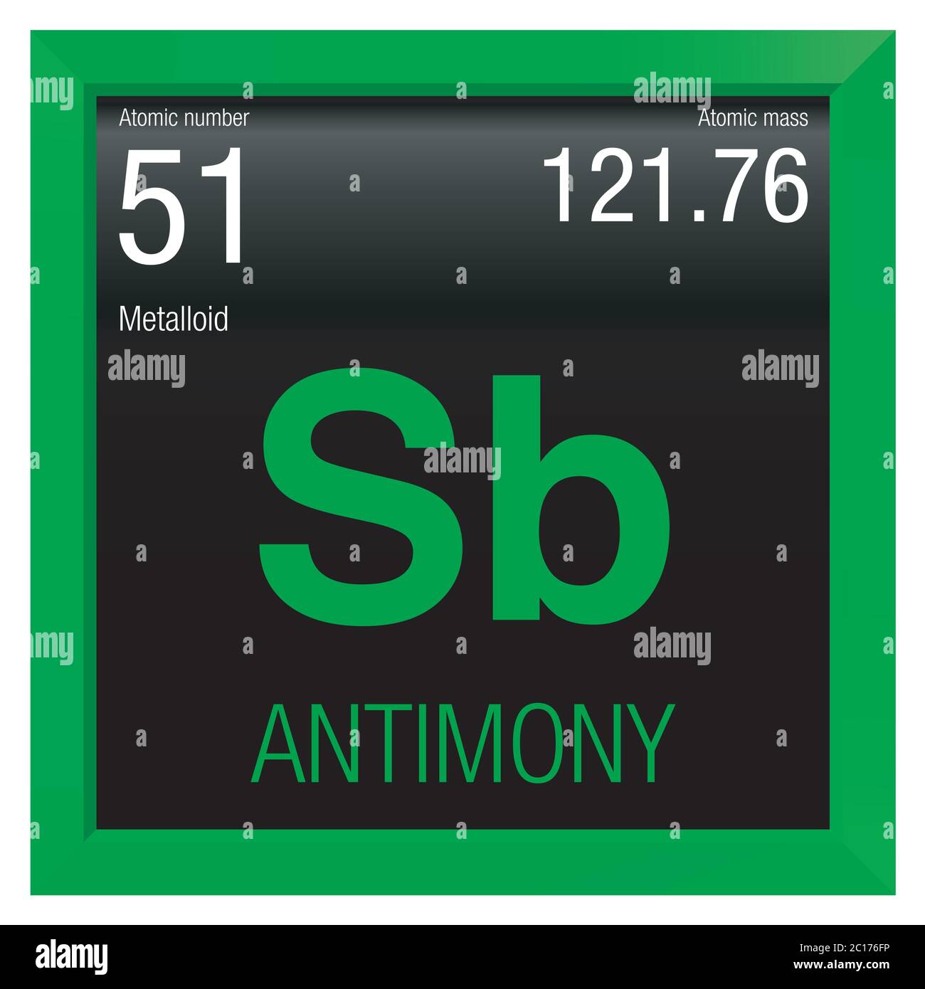 Symbole antimoine. Élément numéro 51 du tableau périodique des éléments - Chimie - cadre carré vert avec fond noir Illustration de Vecteur