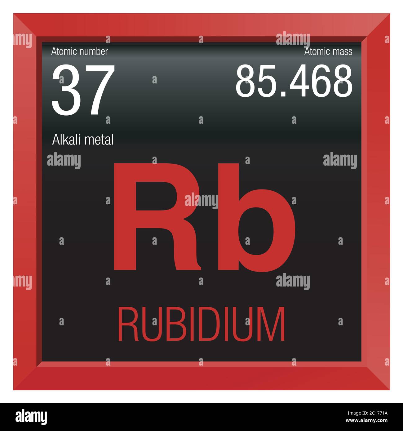 Symbole rubidium. Élément numéro 37 du tableau périodique des éléments - Chimie - cadre carré rouge avec fond noir Illustration de Vecteur