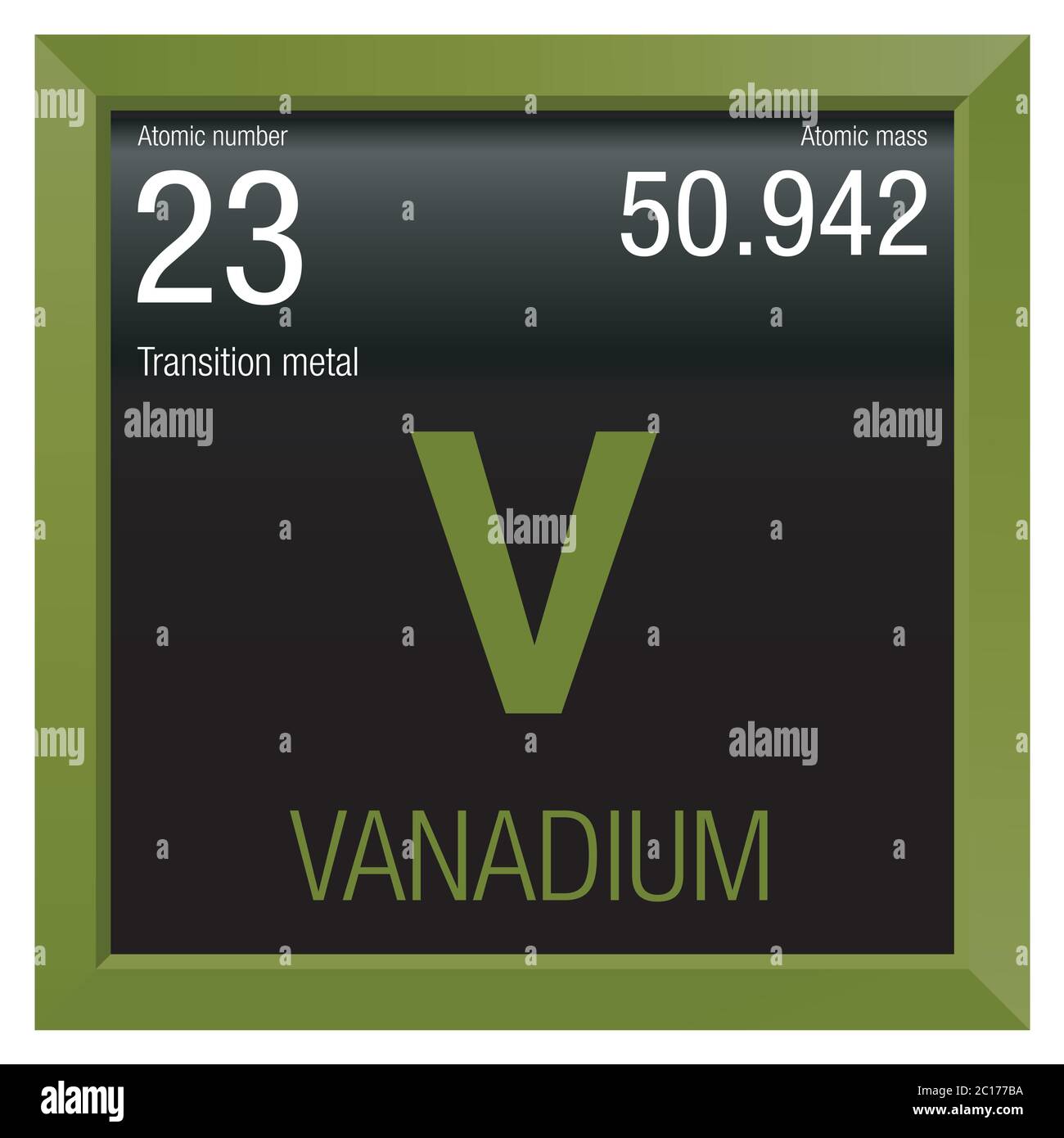Symbole vanadium. Élément numéro 23 du tableau périodique des éléments - Chimie - cadre carré vert avec fond noir Illustration de Vecteur